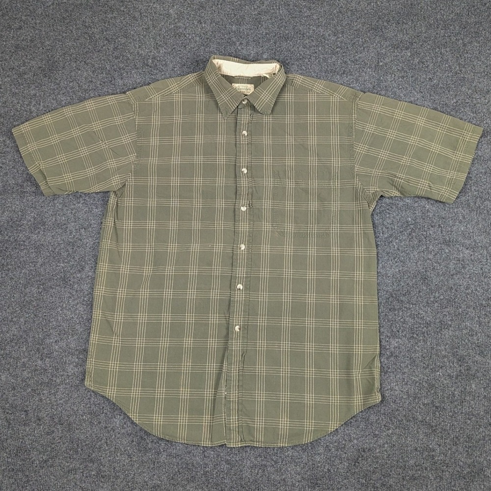 St Johns Bay Mens Medium Green Grid Plaid Short Sleeve Cotton Button Up Shirt